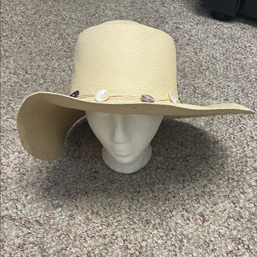 Elegant Cream Wide-Brim Hat with Shell Accents